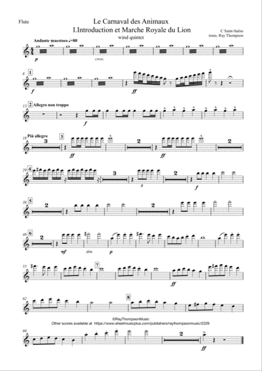 Saint-Saëns: The Carnival of the Animals -I.Introduction et Marche Royal - wind quintet Woodwind Quintet scores gallery preview page 6