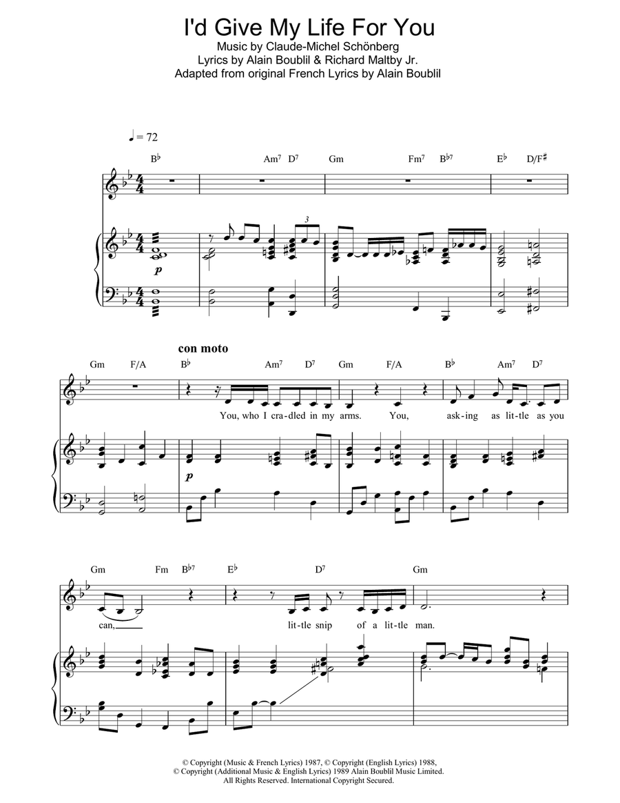 I'd Give My Life For You (from Miss Saigon) Piano, Vocal, Guitar scores gallery preview page 1