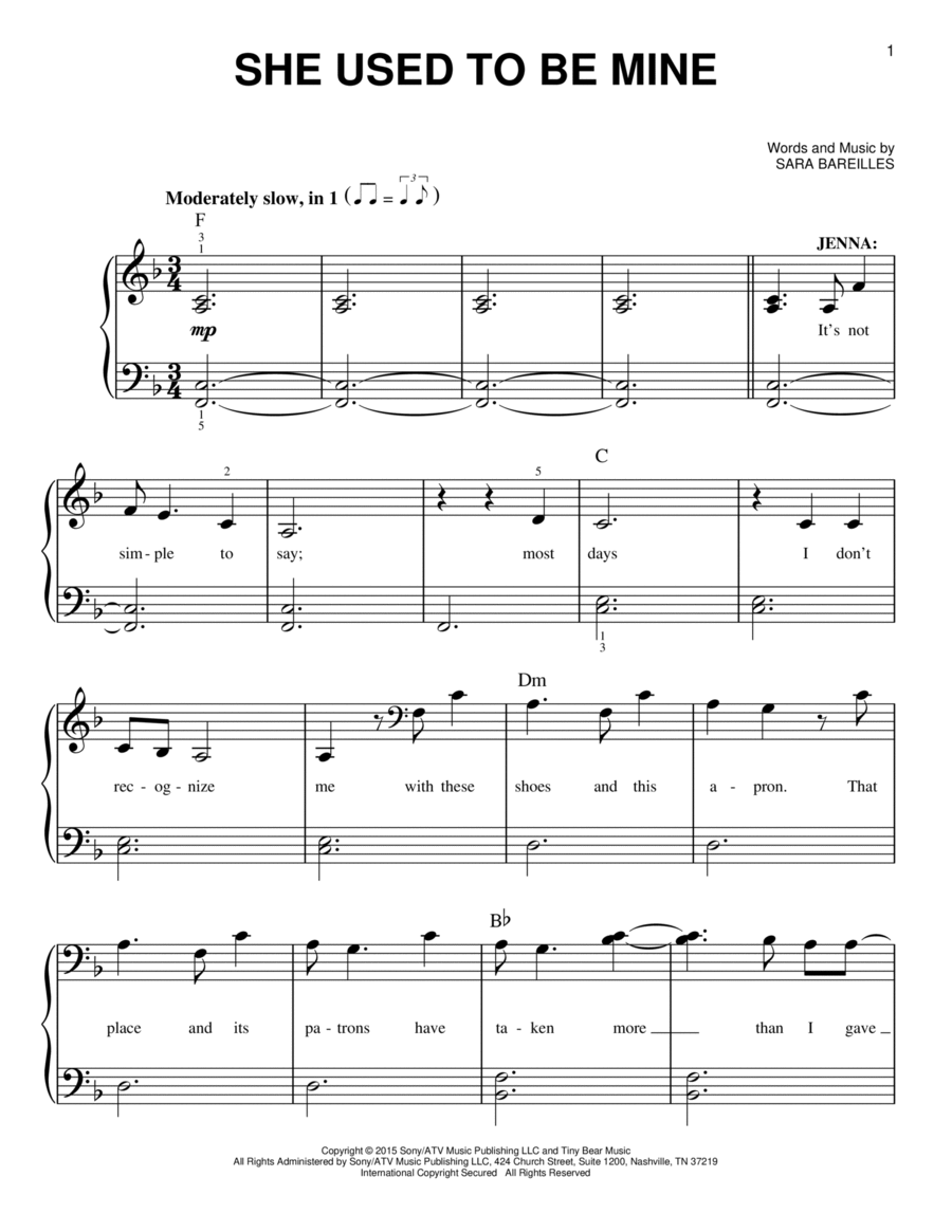 She Used To Be Mine (from Waitress The Musical) Easy Piano scores gallery preview page 1
