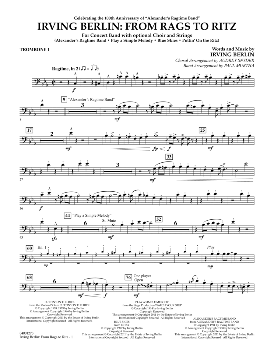 Irving Berlin: From Rags To Ritz - Trombone 1 Concert Band scores gallery preview page 1