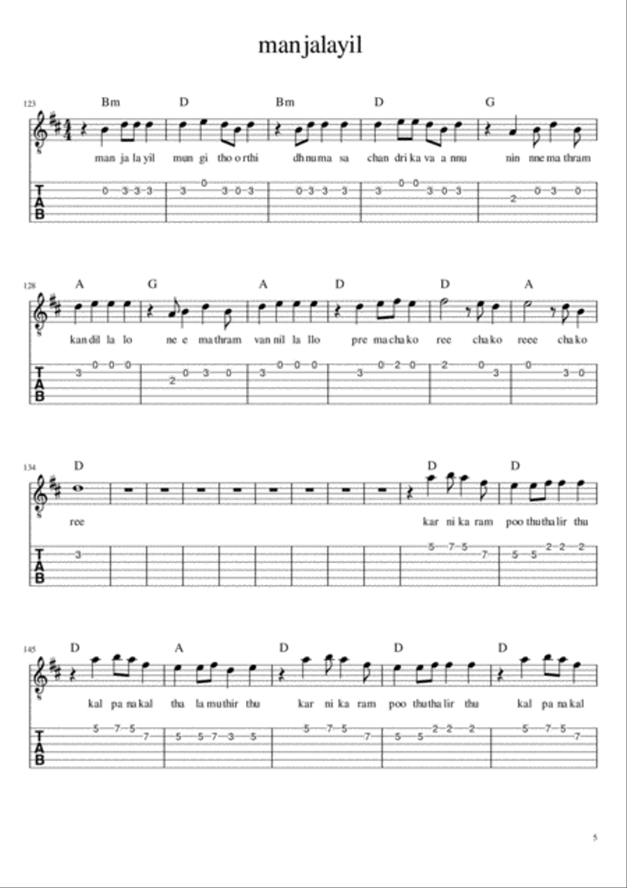 Old Malayalam songs sheet music with tabs,chords and lyrics Small Ensemble scores gallery preview page 5