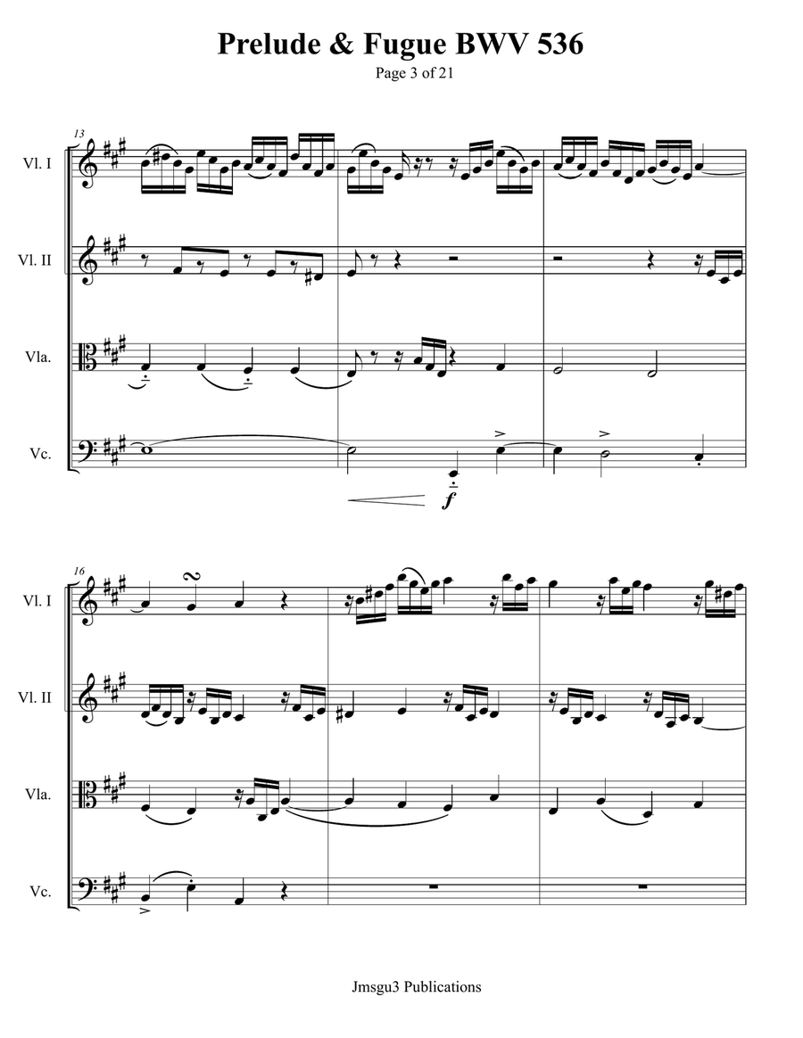 Bach: Prelude & Fugue in A Major BWV 536 String Quartet scores gallery preview page 3