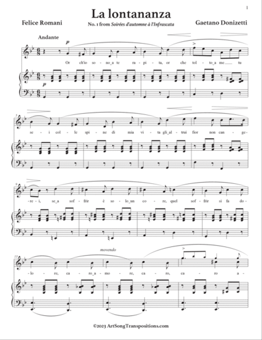 DONIZETTI: La lontananza (transposed to G minor) Voice scores gallery preview page 2