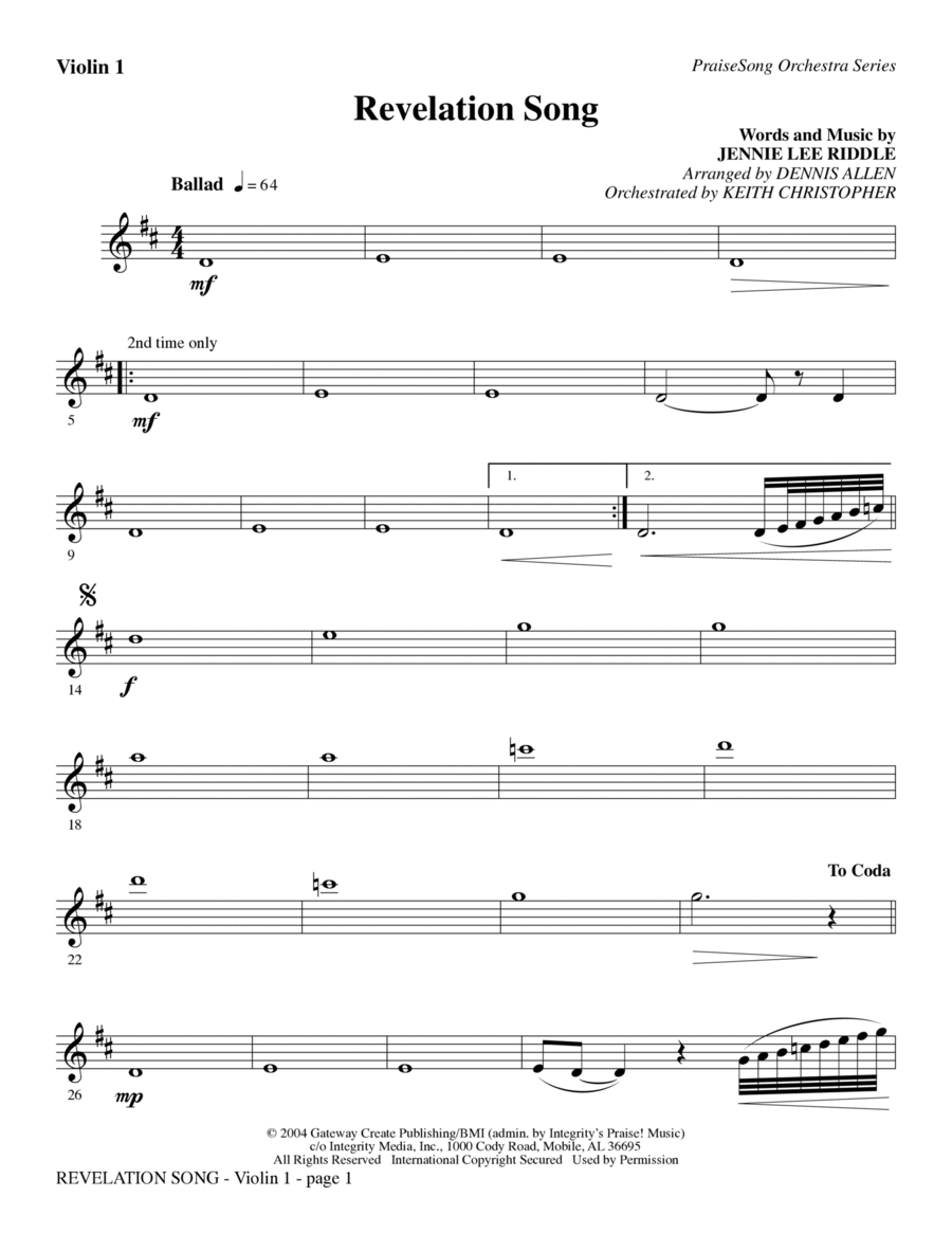 Revelation Song - Violin 1 Violin scores gallery preview page 1