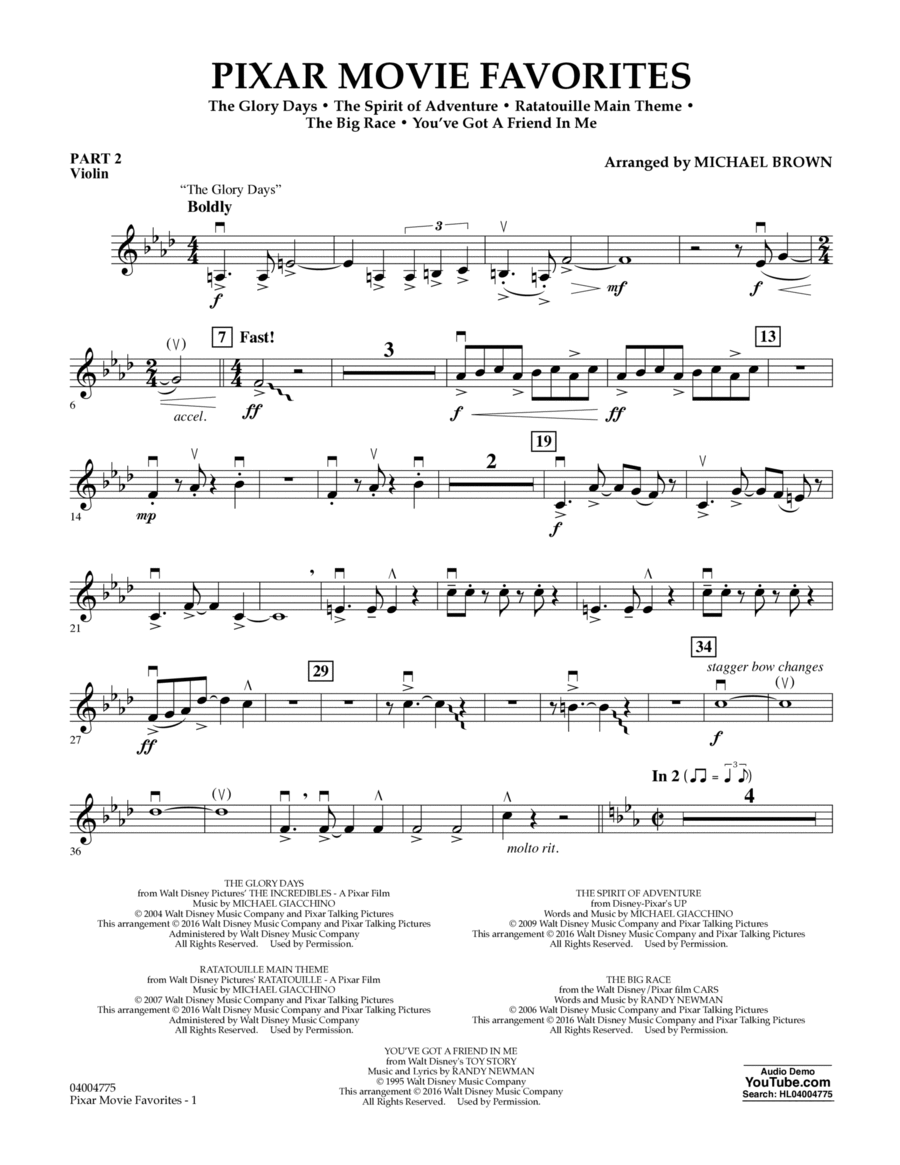 Pixar Movie Favorites - Pt.2 - Violin Concert Band scores gallery preview page 1