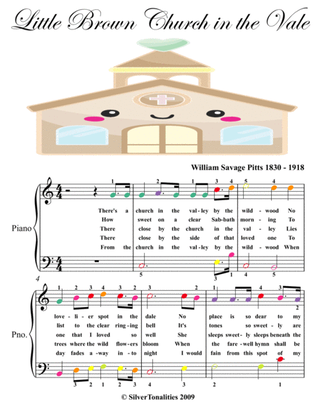 Little Brown Church in the Vale Easy Piano Sheet Music with Colored Notes