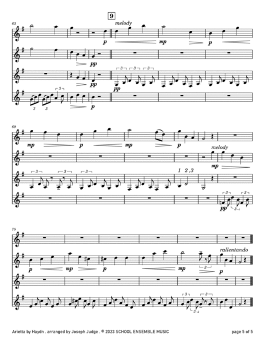 Arietta by Haydn for Clarinet Quartet in Schools Clarinet Quartet scores gallery preview page 5
