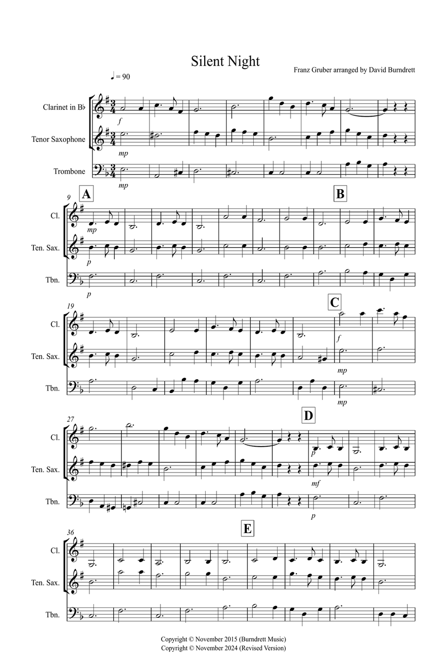 Silent Night for Clarinet, Tenor Saxophone and Trombone Trio