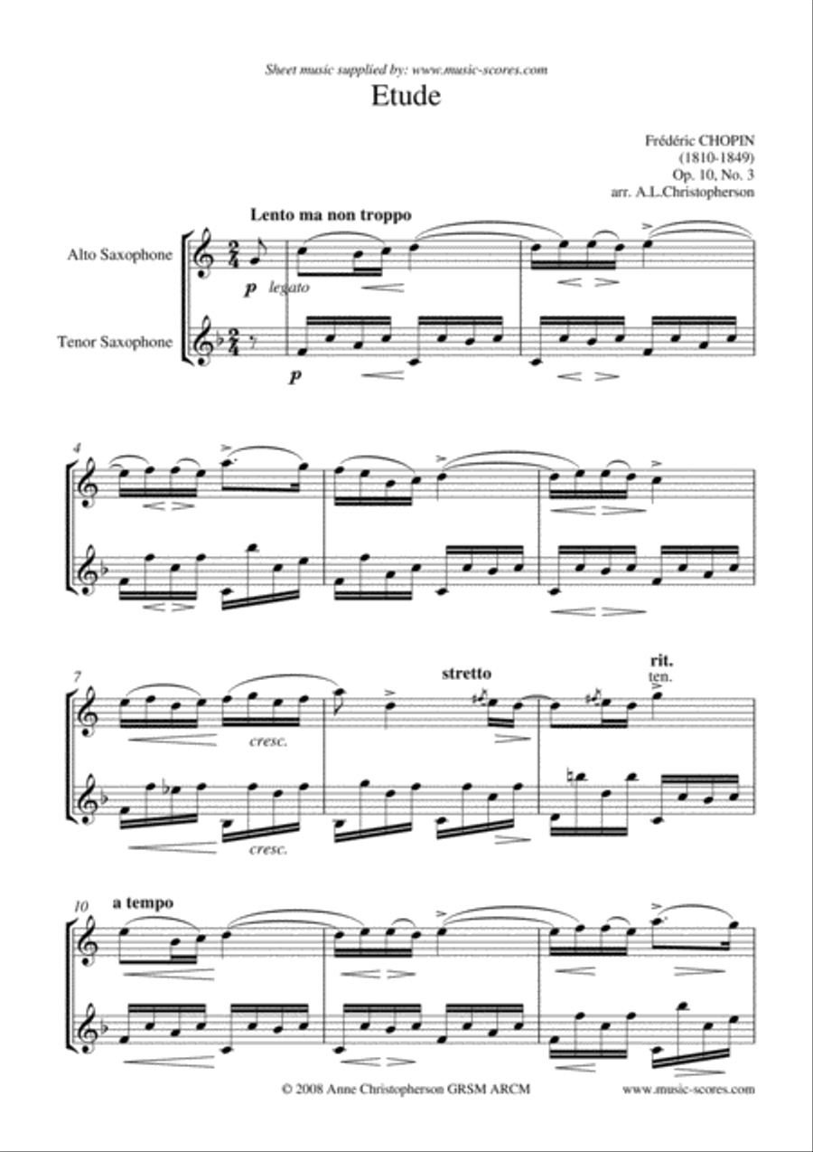 Chopin Etude No.3: Alto and Tenor Sax duet Woodwind Duet scores gallery preview page 1