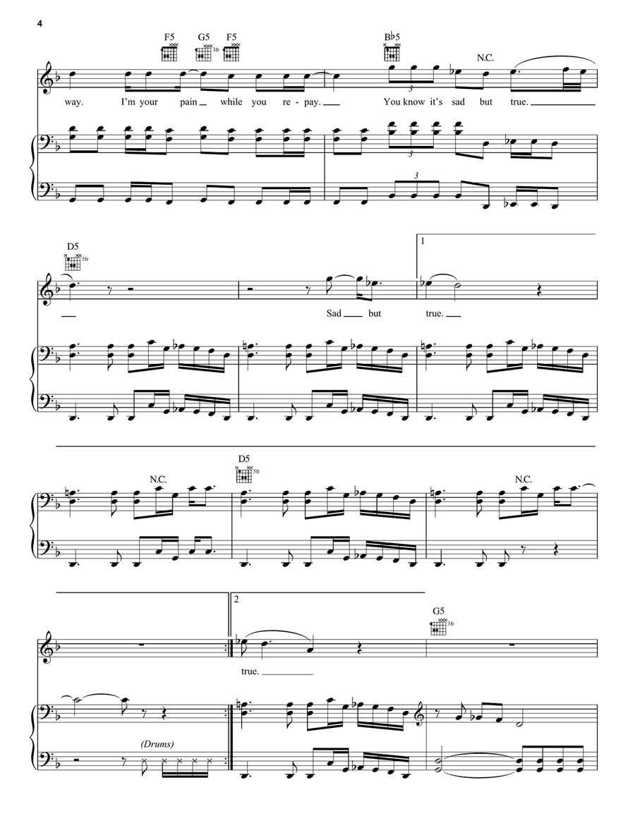 Sad But True Piano, Vocal, Guitar scores gallery preview page 4