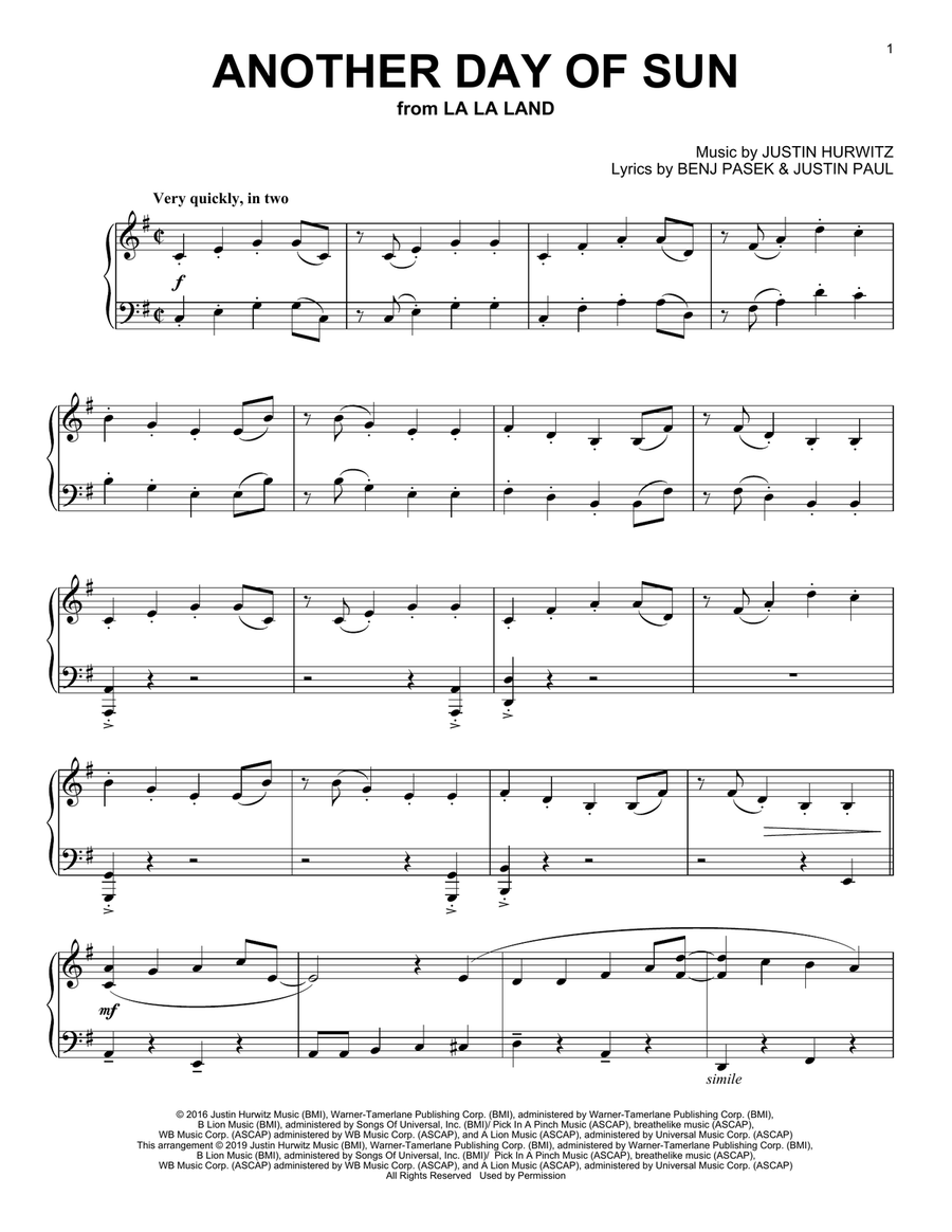 Another Day Of Sun (from La La Land) Piano Solo scores gallery preview page 1