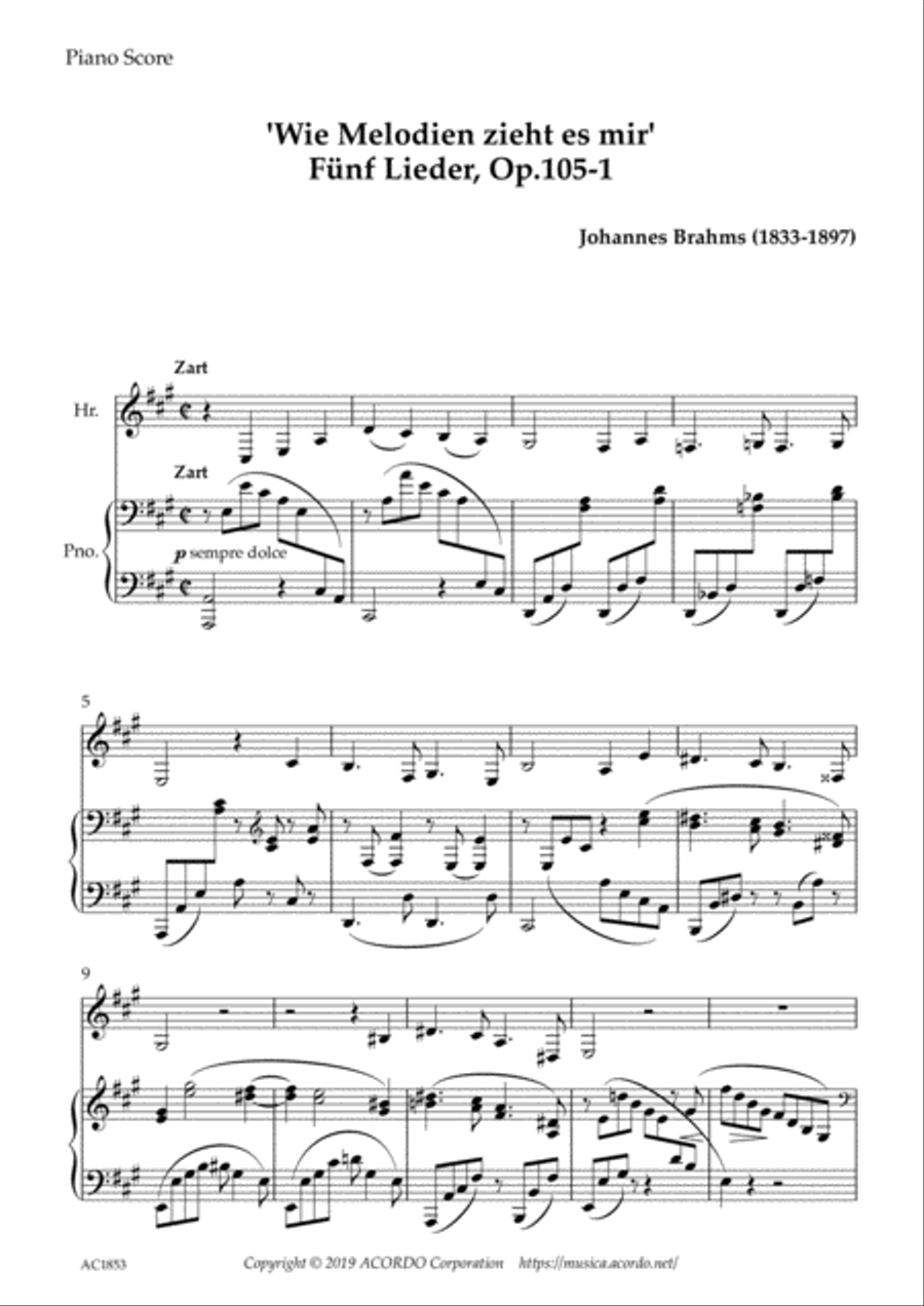 'Wie Melodien zieht es mir (It moves like a melody)' Op.105-1 for Horn & Piano Horn scores gallery preview page 1