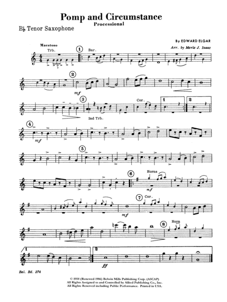 Pomp and Circumstance, Op. 39, No. 1 (Processional): B-flat Tenor Saxophone