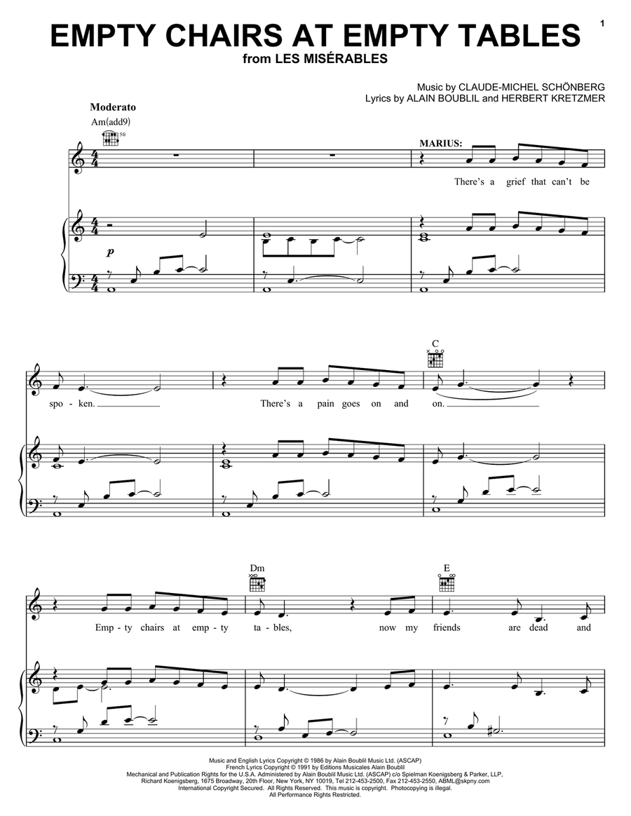 Empty Chairs At Empty Tables Piano, Vocal, Guitar scores gallery preview page 1
