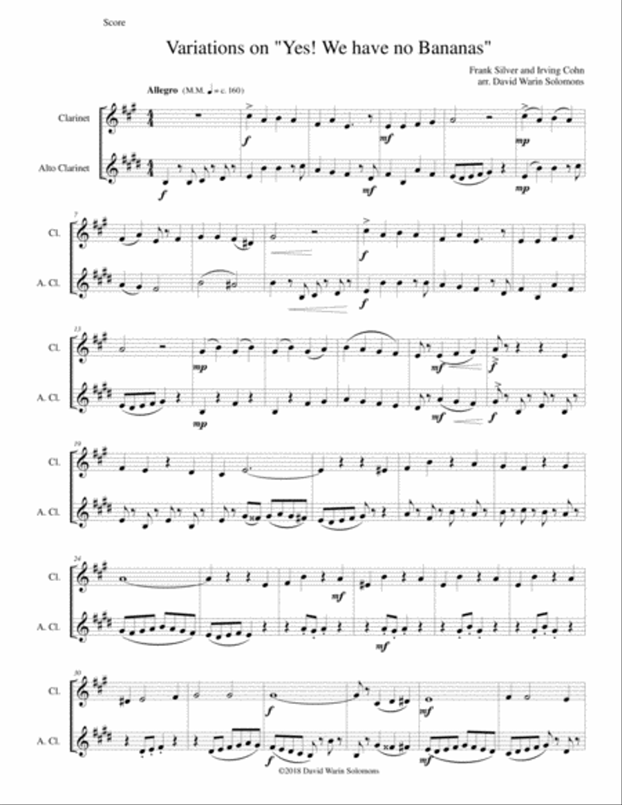 Variations on Yes We Have No Bananas for clarinet and alto clarinet E-Flat Clarinet scores gallery preview page 1