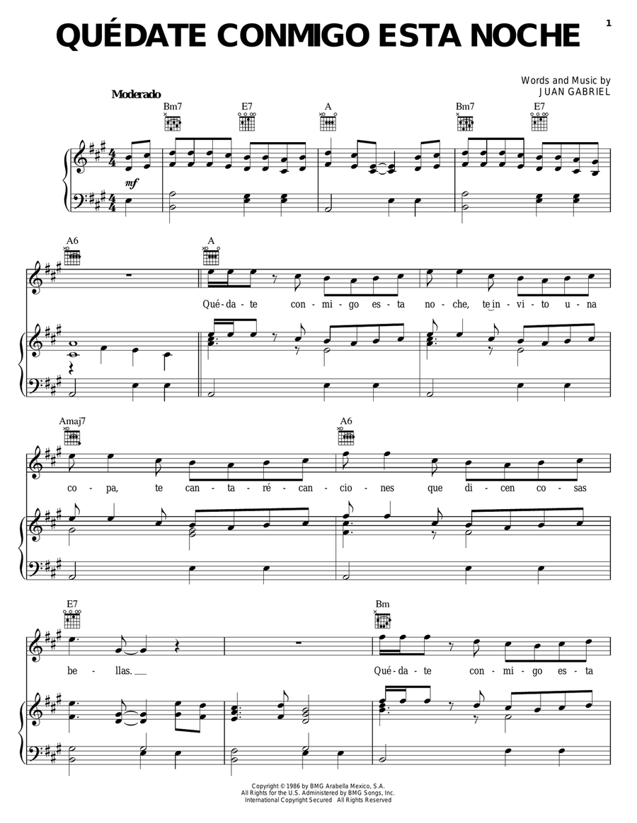 Quedate Conmigo Esta Noche Piano, Vocal, Guitar scores gallery preview page 1