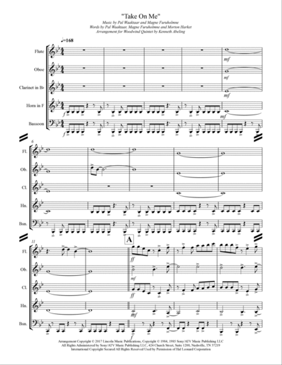 Take On Me Woodwind Quintet scores gallery preview page 2
