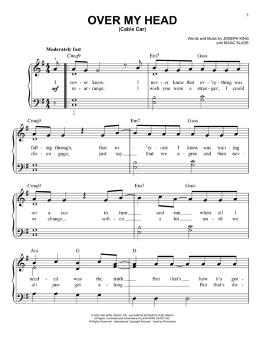 Over My Head (Cable Car) Over My Head (Cable Car) Easy Piano scores gallery preview page 1
