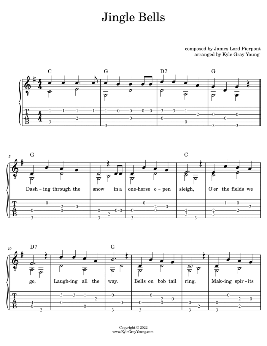 Jingle Bells (easy fingerstyle guitar tablature) Acoustic Guitar scores gallery preview page 1