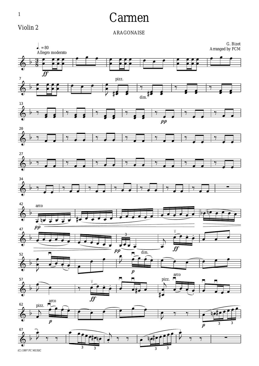 Bizet Aragonaise from Carmen, for string quartet, CB101 String Quartet scores gallery preview page 6