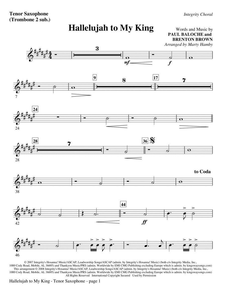 Hallelujah To My King - Tenor Sax (Trombone 2 sub)