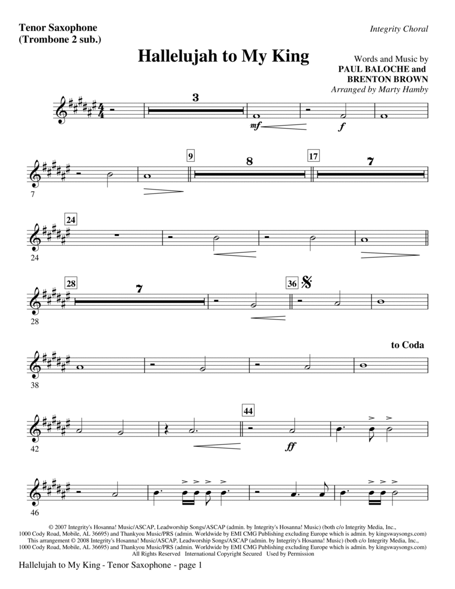 Hallelujah To My King - Tenor Sax (Trombone 2 sub) Choir scores gallery preview page 1