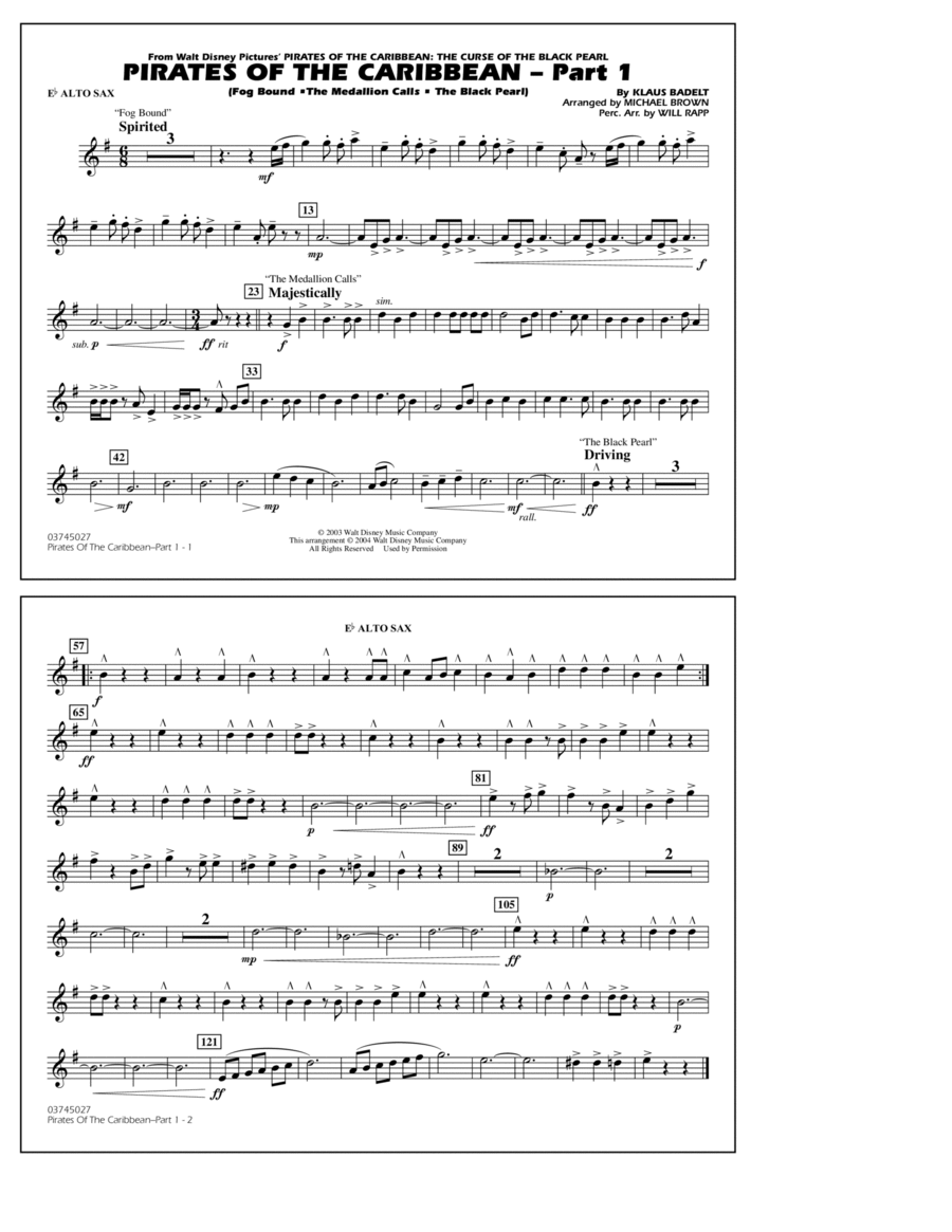 Pirates Of The Caribbean (Part 1) (arr. Brown) - Eb Alto Sax Marching Band scores gallery preview page 1
