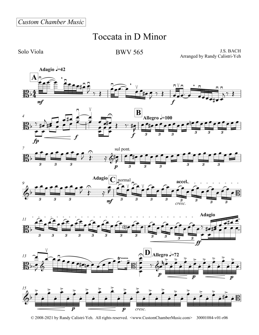 Bach Toccata in D Minor, BWV 565 (solo viola) Viola Solo scores gallery preview page 1