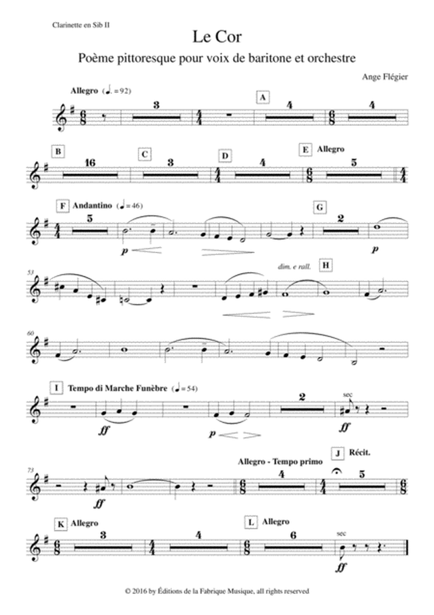 Ange Flégier: Le Cor for baritone voice and orchestra:Bb clarinet 2 part