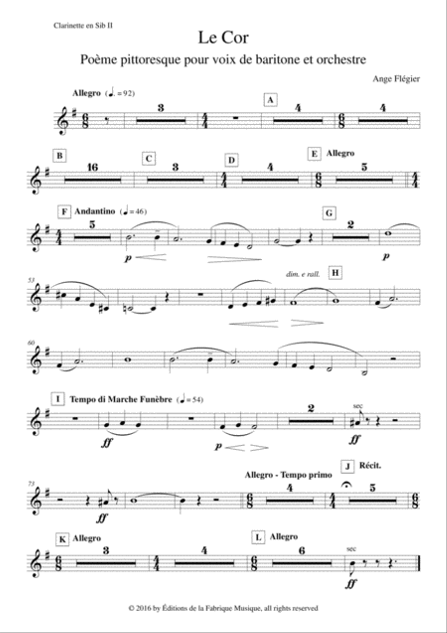 Ange Flégier: Le Cor for baritone voice and orchestra:Bb clarinet 2 part Full Orchestra scores gallery preview page 1