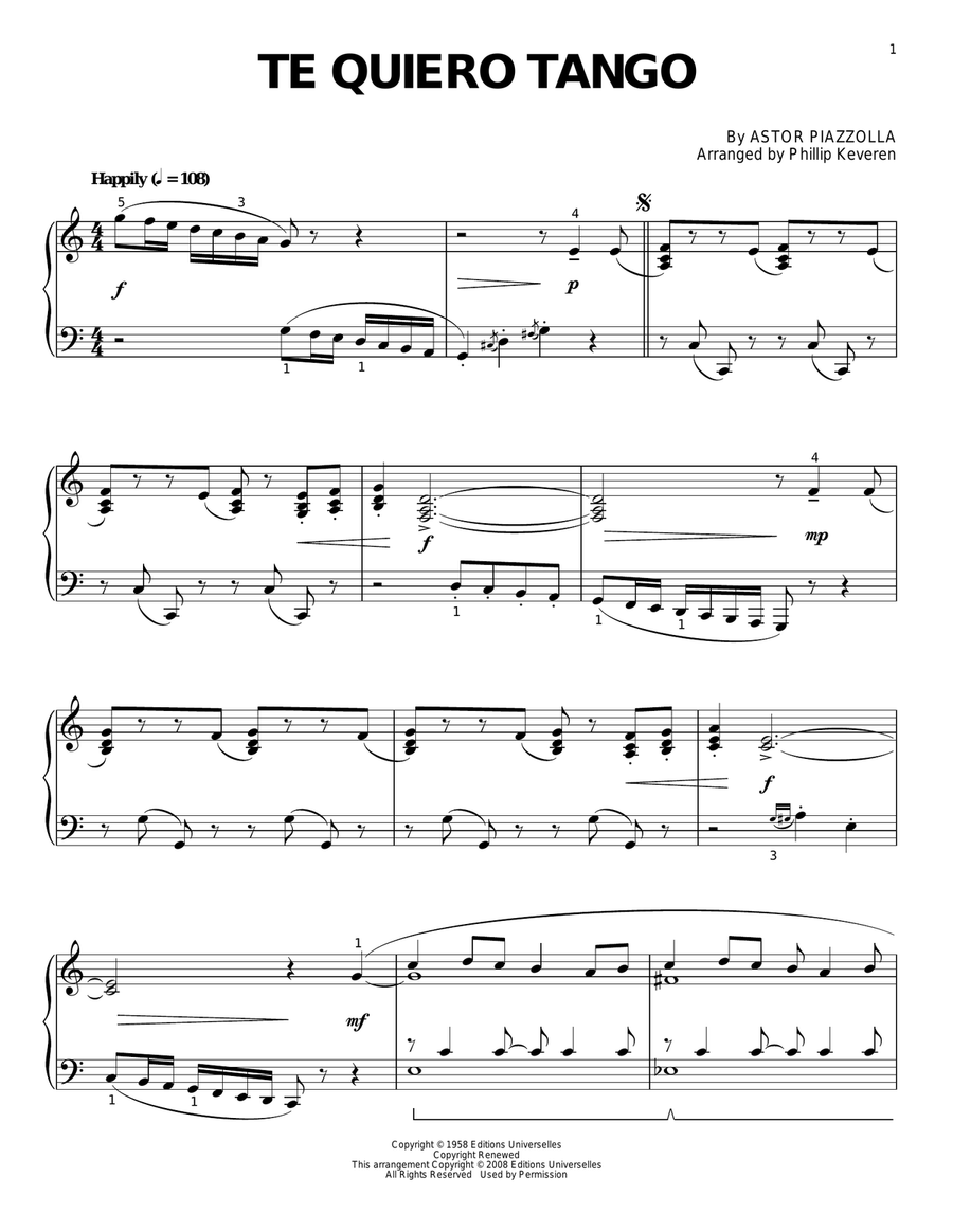 Te quiero tango (arr. Phillip Keveren) Piano Solo scores gallery preview page 1