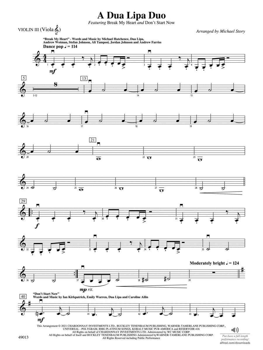 A Dua Lipa Duo: 3rd Violin (Viola [TC]) String Orchestra scores gallery preview page 1