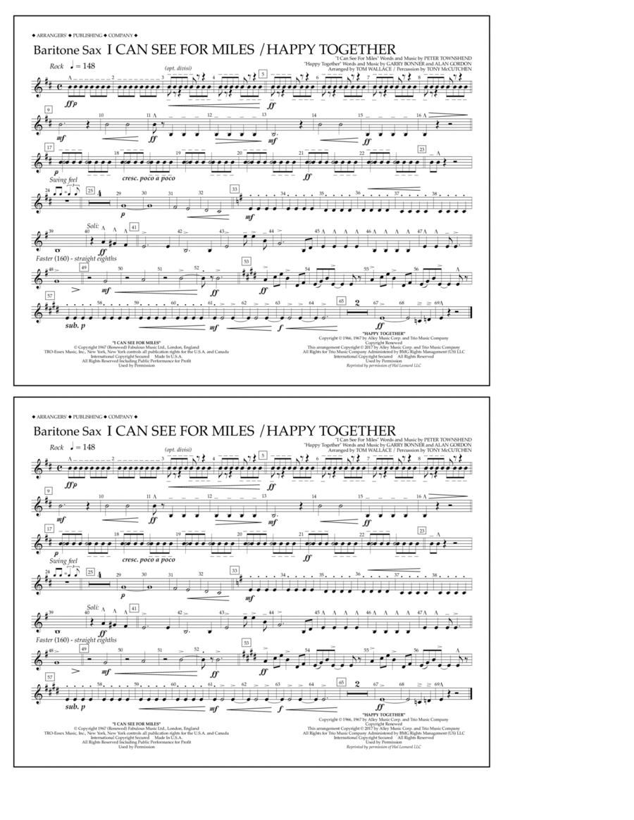 I Can See for Miles/Happy Together - Baritone Sax Marching Band scores gallery preview page 1