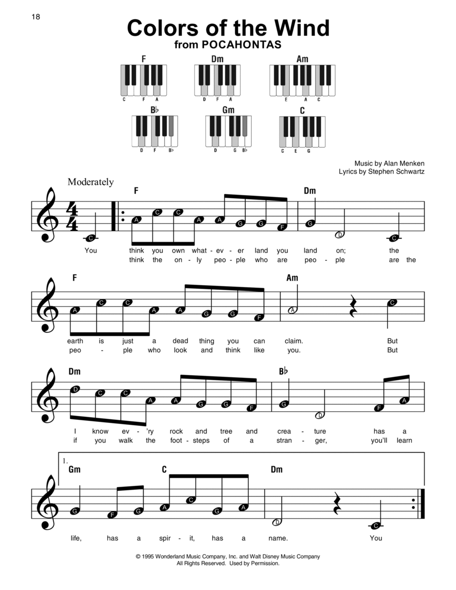 Colors Of The Wind (from Pocahontas) Easy Piano scores gallery preview page 1