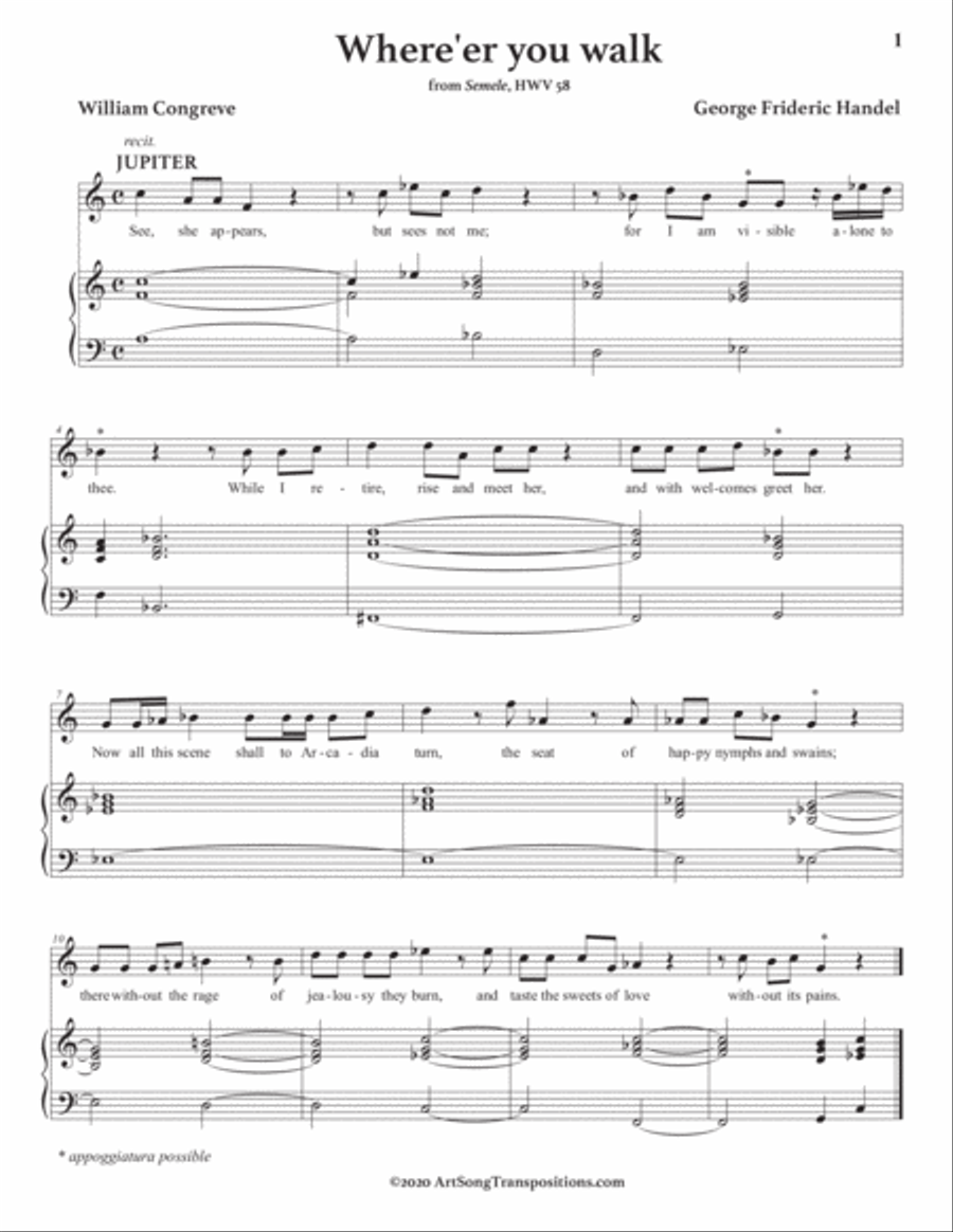 HANDEL: Where'er you walk (transposed to B-flat major) Voice scores gallery preview page 2