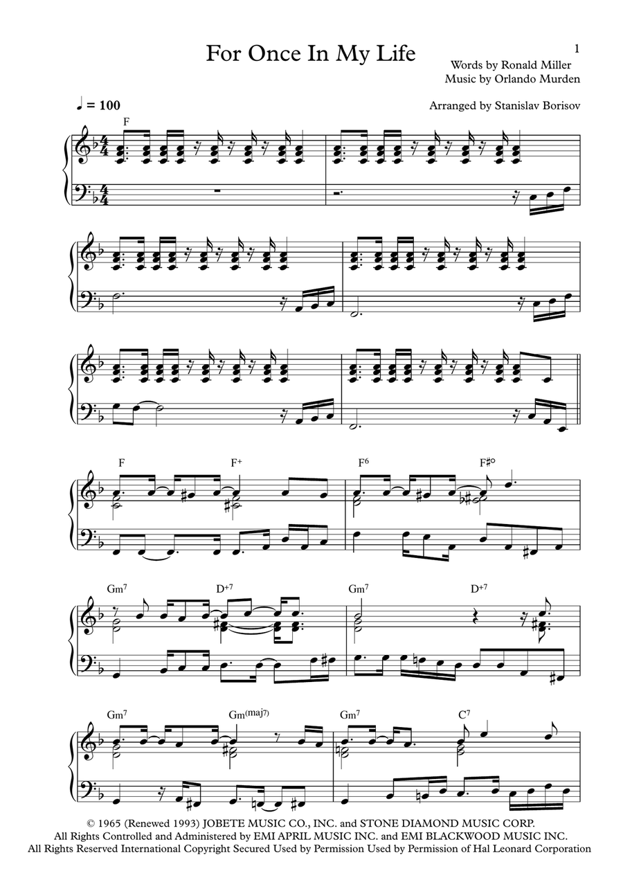 For Once In My Life Piano Solo scores gallery preview page 1