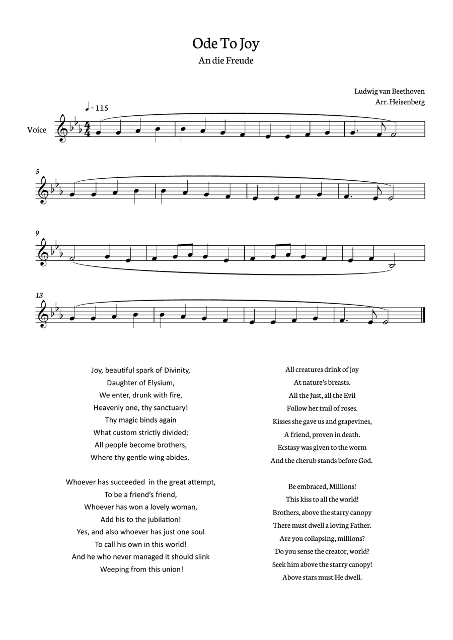 Beethoven - Ode To Joy for voice in Eb (Lyrics in English) Voice scores gallery preview page 1