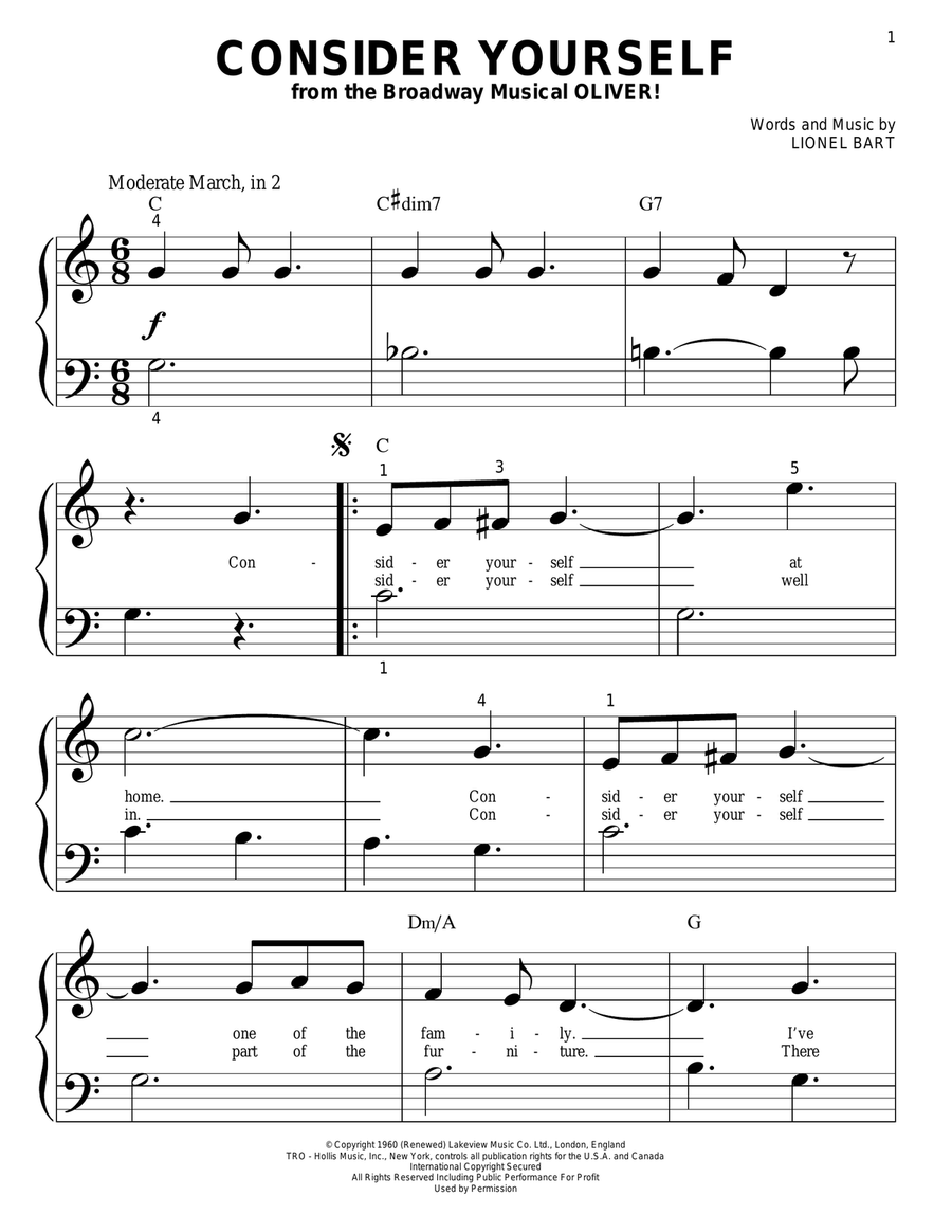 Consider Yourself Easy Piano scores gallery preview page 1