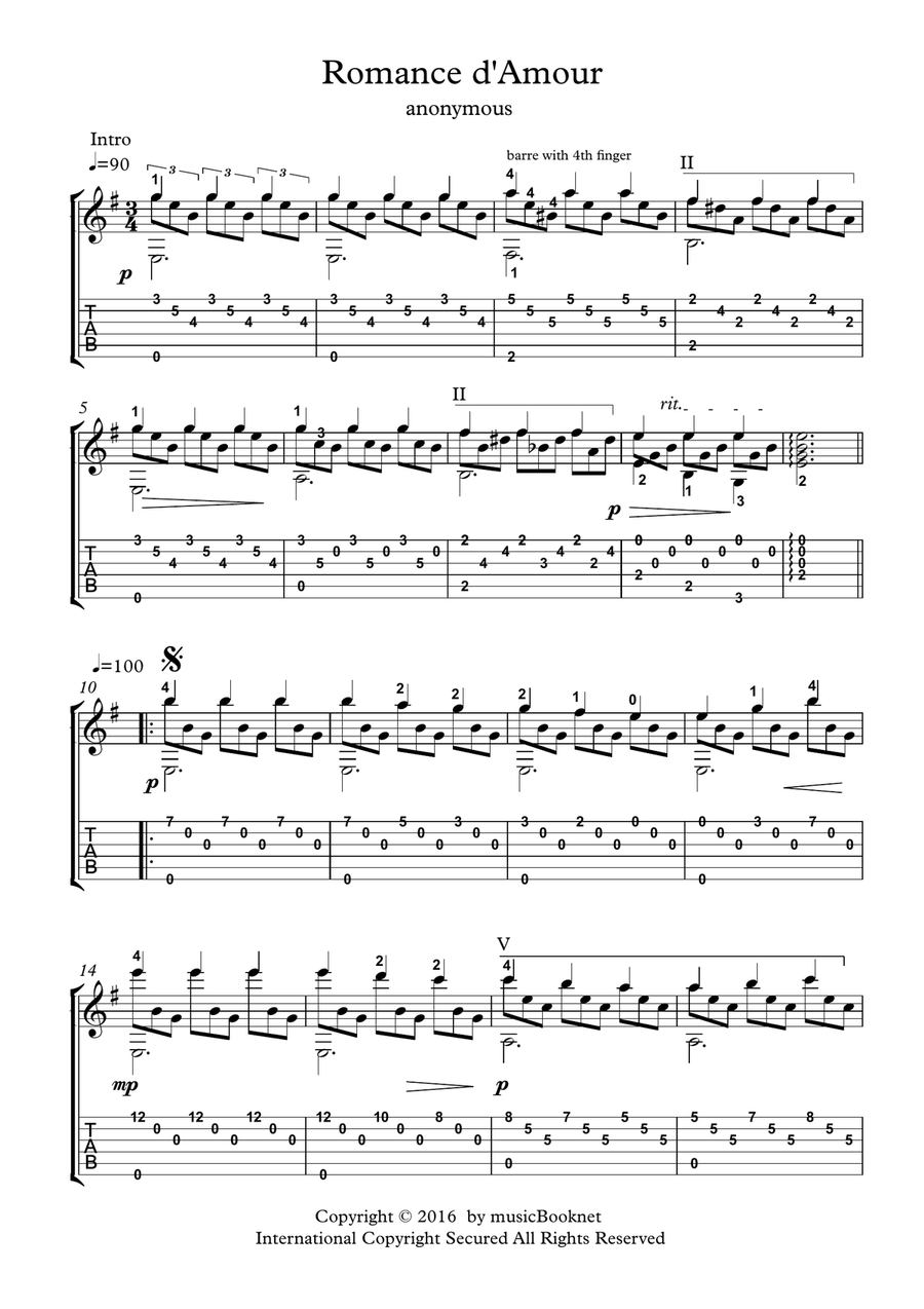 Romance d Amour for Guitar Acoustic Guitar scores gallery preview page 1