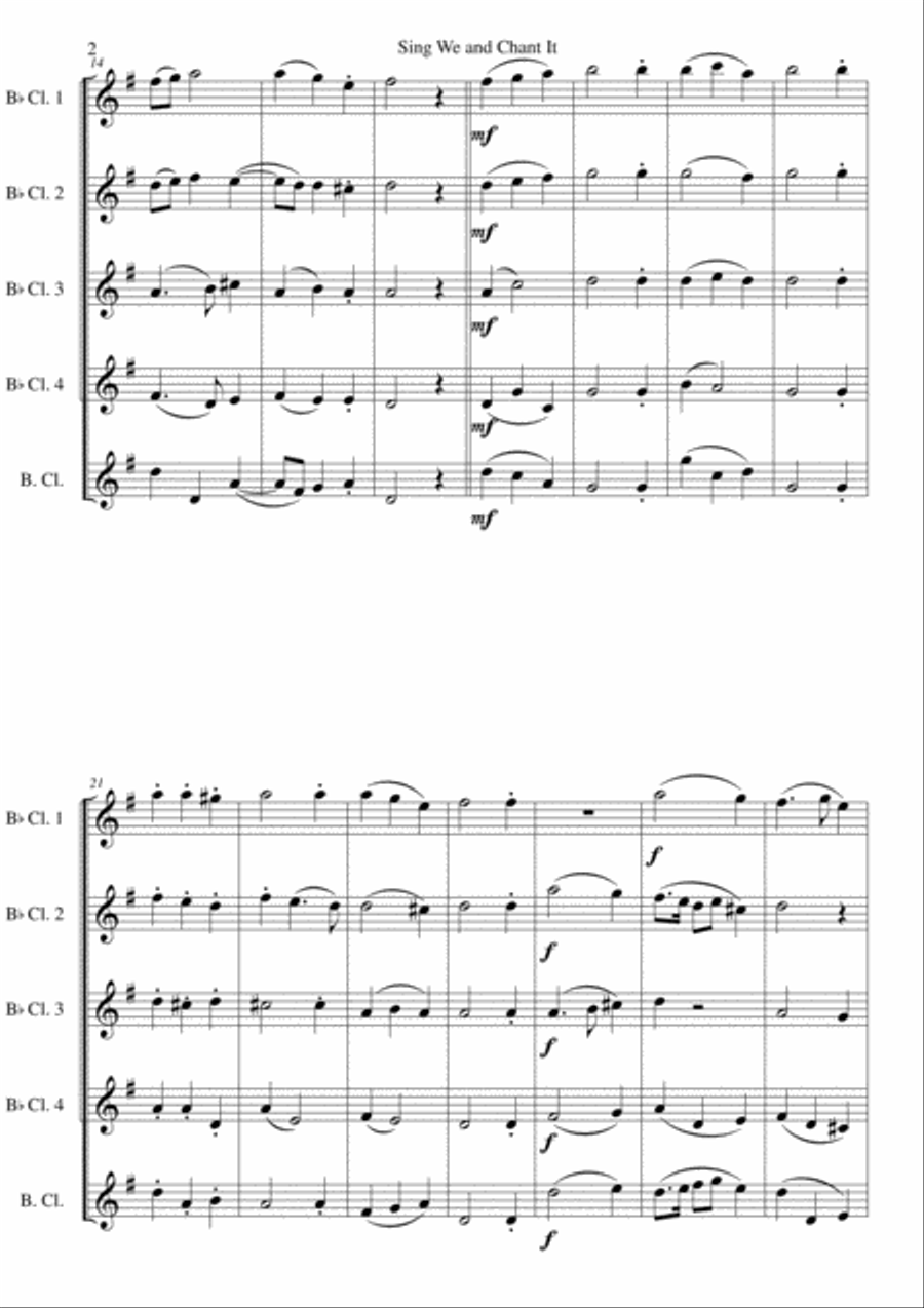 Sing we and chant it (with variations) for clarinet quintet (4 B flats and 1 bass) Clarinet Quintet scores gallery preview page 2