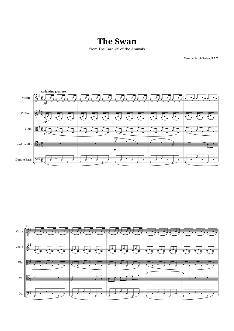 The Swan by Saint-Saëns for String Quintet String Orchestra scores gallery preview page 1