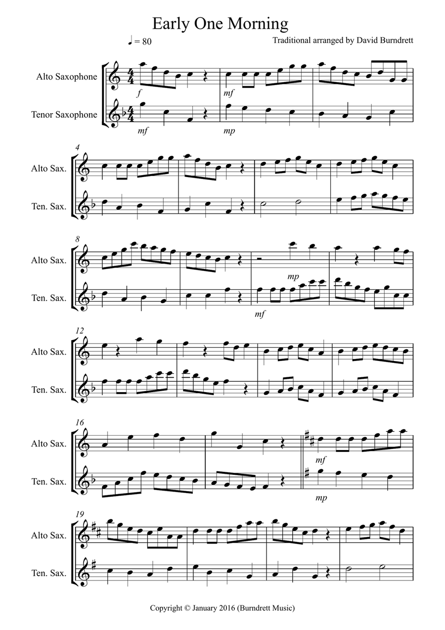 Early One Morning for Alto and Tenor Saxophone Duet Early One Morning for Alto and Tenor Saxophone Duet Woodwind Duet scores gallery preview page 1
