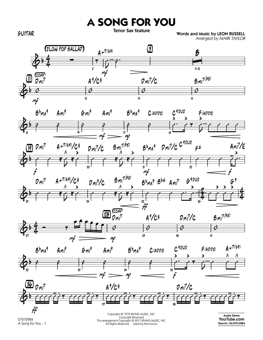 A Song for You (Tenor Sax Feature) - Guitar Jazz Ensemble scores gallery preview page 1
