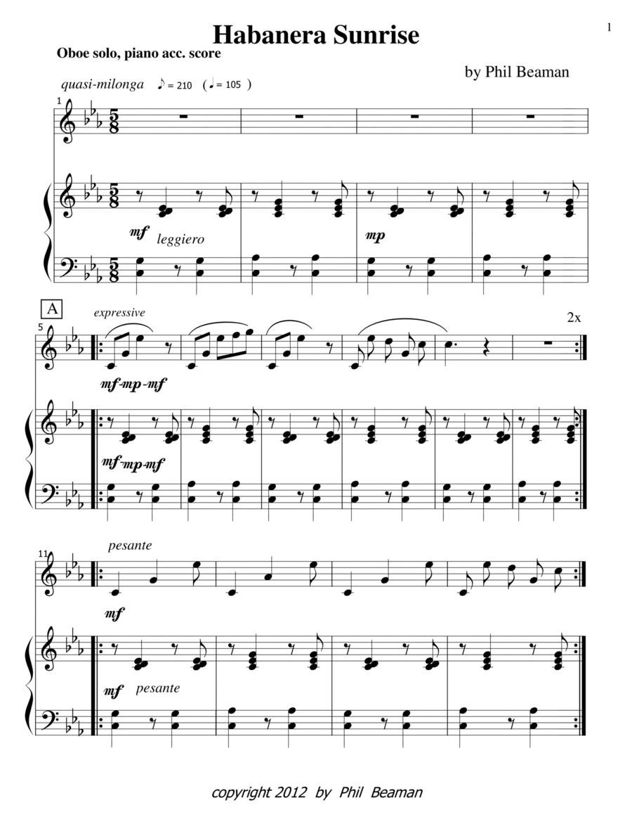 Habanera Sunrise-oboe, piano Piano scores gallery preview page 1