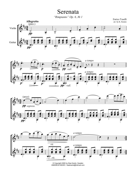 Serenata Rimpianto Op. 6 for violin and easy guitar (D Major) image number null