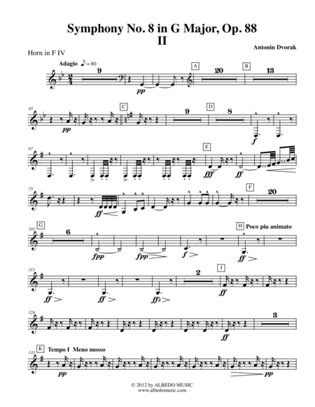 Dvorak Symphony No. 8, Movement II - Horn in F 4 (Transposed Part), Op. 88