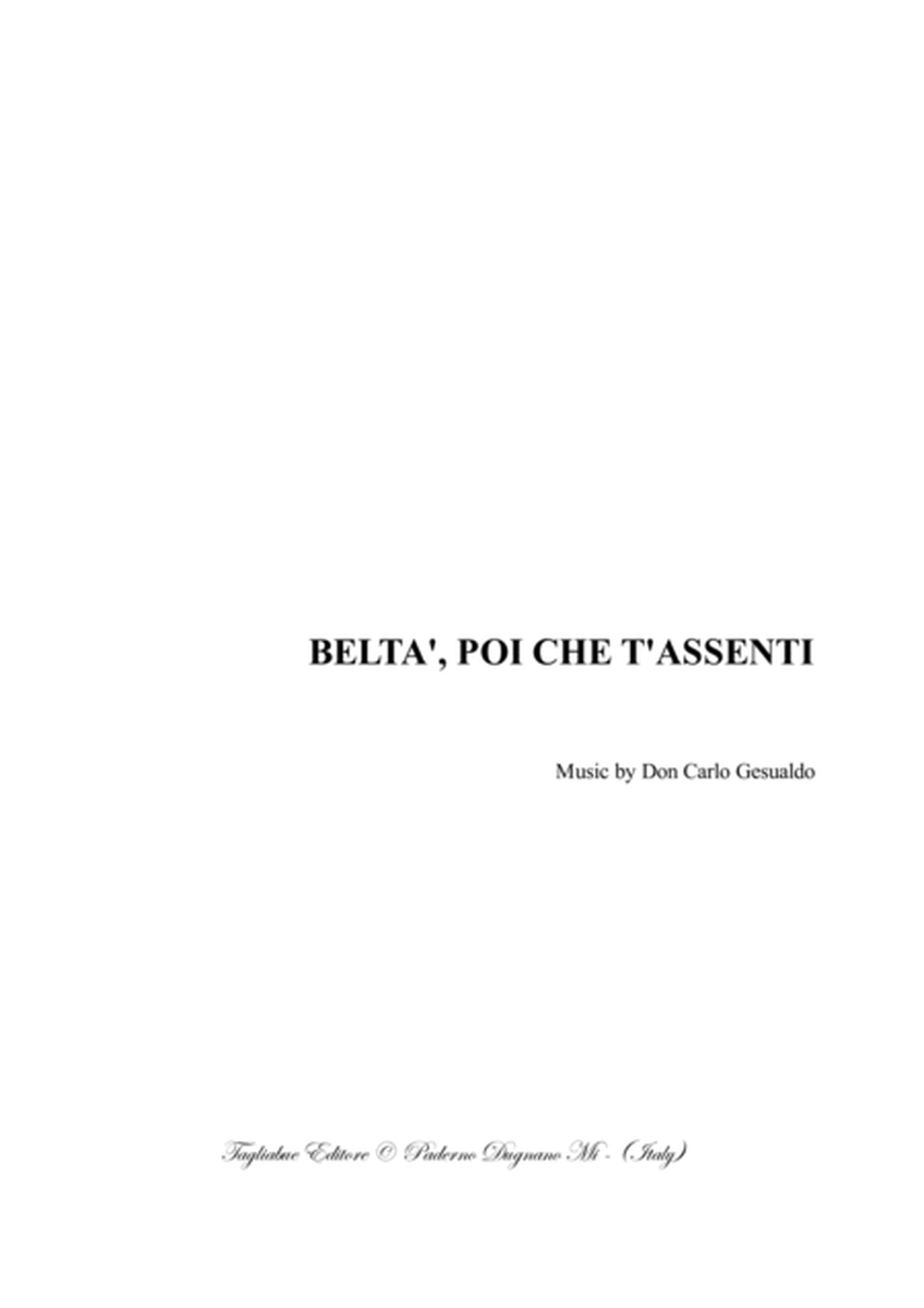 BELTA' POI CHE T'ASSENTI - Gesualdo Da Venosa - For SAATB Choir image number null