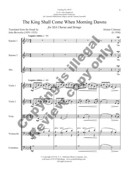 The King Shall Come When Morning Dawns (SSA Version String Orchestra Score)
