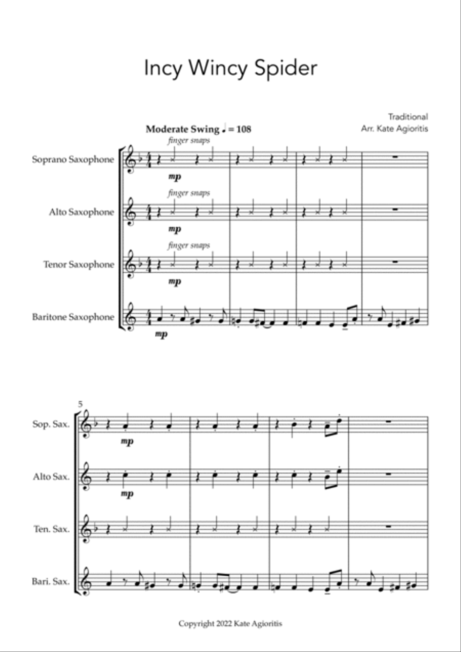 Incy Wincy Spider (Itsy Bitsy Spider) - Jazz Arrangement for Saxophone Quartet Saxophone Quartet scores gallery preview page 3