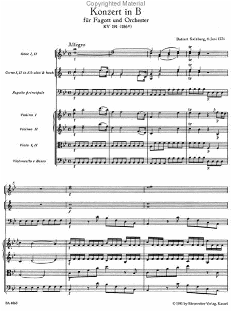 Concerto for Bassoon and Orchestra B flat major, KV 191(186e) Bassoon Solo scores gallery preview page 2
